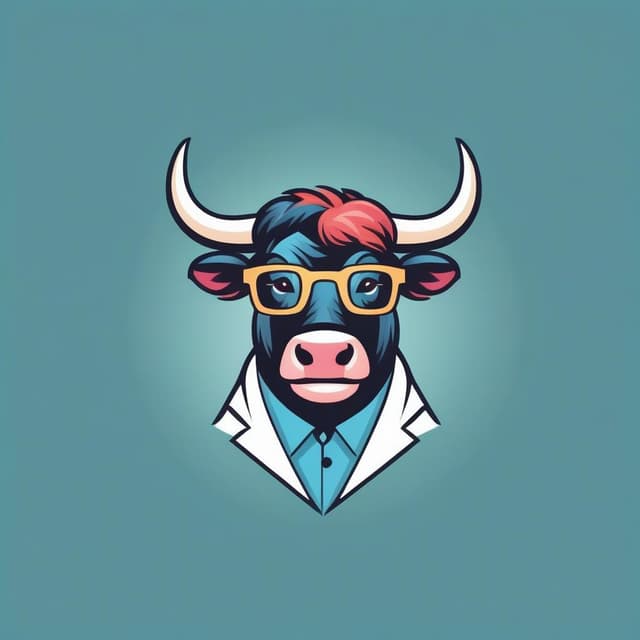 Logo featuring A bull in doctor clothes and glasses